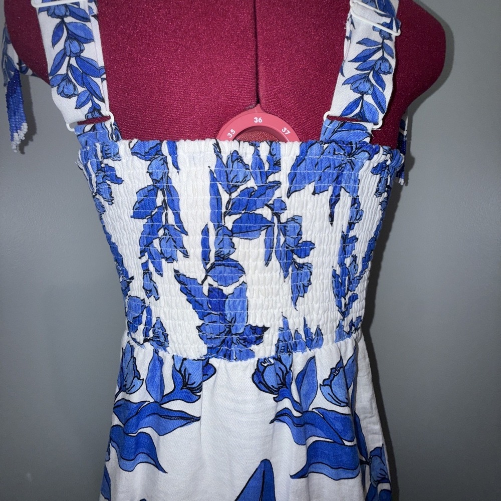 Calypso St Barth Blue White M Beaded Tie Straps Spring Wedding Guest Midi Dress - Picture 4 of 15